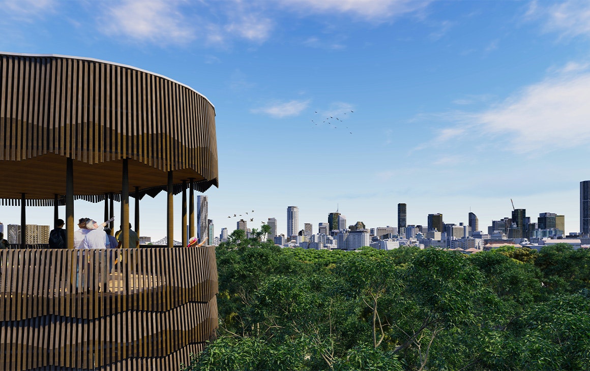 a render of a tree house overlooking the city